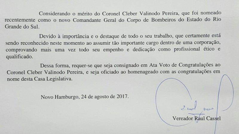 Comandante-geral do CBMRS recebe congratulações da Câmara Municipal de Novo Hamburgo